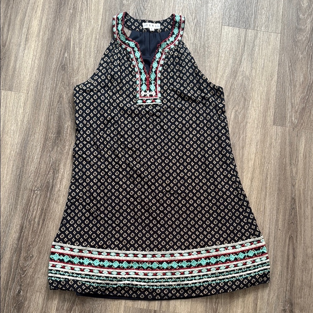 THML Navy and Cream Patterned Dress Medium Tank Embroidered Casual Mini